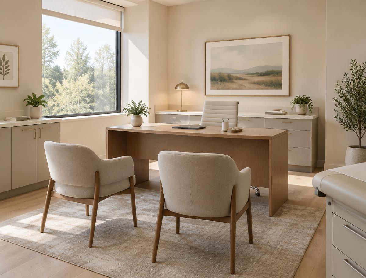 Private medical office with a desk and two guest chairs in a calm, neutral interior